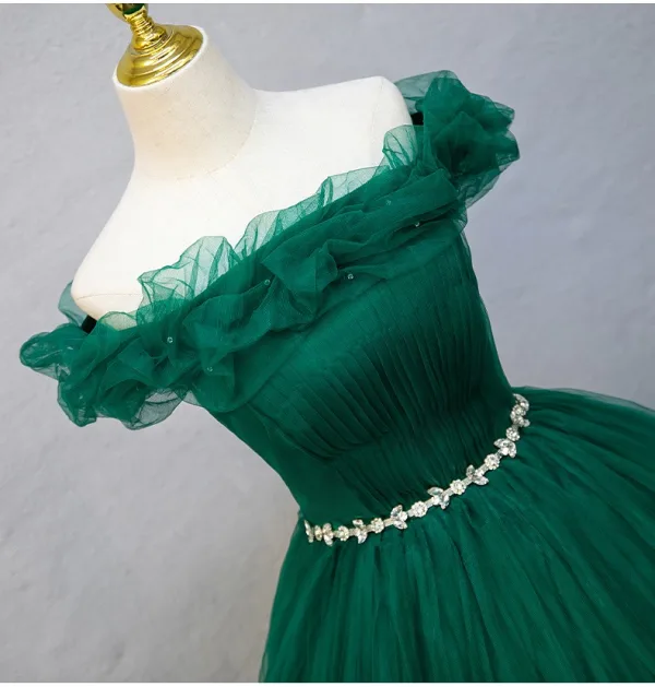Vintage Dunkelgrün Strass Ballkleider 2025 A Linie Off Shoulder Ärmellos Rückenfreies Lange Ball Festliche Kleider