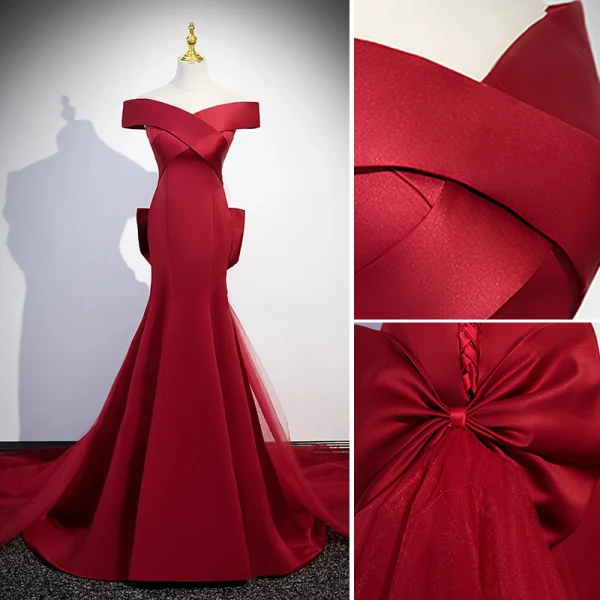Vintage / Retro Burgundy Satin Evening Dresses 2023 Trumpet / Mermaid Off-The-Shoulder Short Sleeve Backless Bow Sweep Train Evening Party Formal Dresses