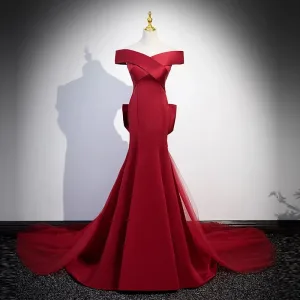 Vintage Retro Burgundy Satin Evening Dresses 2023 Trumpet Mermaid Off The Shoulder Short Sleeve Backless Bow Sweep Train Evening Party Formal Dresses