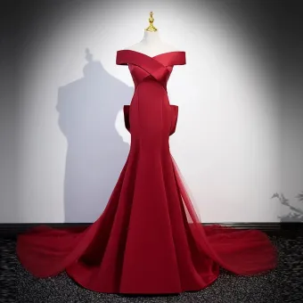 Vintage Originale Bordeaux Satin Robe De Soirée 2023 Trompette Sirène De L Épaule Manches Courtes Dos Nu Noeud Train De Balayage Soirée Robe De Ceremonie
