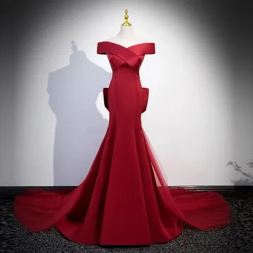 Vintage Retro Burgundy Satin Evening Dresses 2023 Trumpet Mermaid Off The Shoulder Short Sleeve Backless Bow Sweep Train Evening Party Formal Dresses