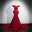 Vintage / Retro Burgundy Satin Evening Dresses 2023 Trumpet / Mermaid Off-The-Shoulder Short Sleeve Backless Bow Sweep Train Evening Party Formal Dresses