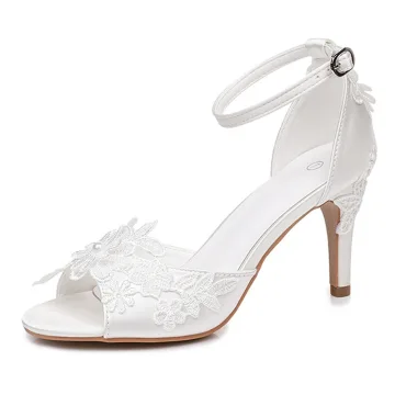 Modest Simple Elegant White Satin Lace Flower Wedding Shoes 2026 Ankle Strap 8 Cm Stiletto Heels Open Peep Toe Wedding Sandals High Heels