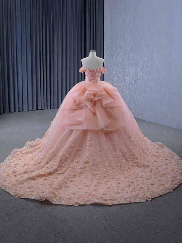 Luxury / Gorgeous Blushing Pink Handmade  Beading Rhinestone Appliques Wedding Dresses 2024 Ball Gown Off-The-Shoulder Short Sleeve Backless Court Train Wedding
