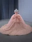 Luxury / Gorgeous Blushing Pink Handmade  Beading Rhinestone Appliques Wedding Dresses 2024 Ball Gown Off-The-Shoulder Short Sleeve Backless Court Train Wedding