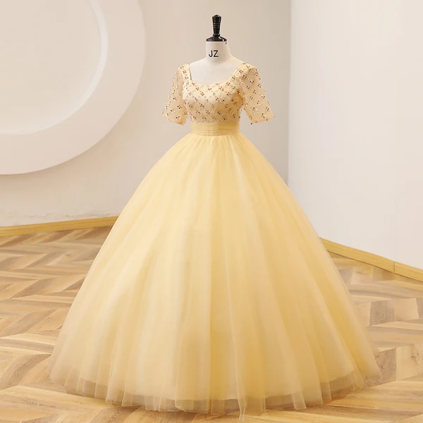 Elegant Yellow Prom Dresses 2022 Ball Gown Square Neckline Pearl Sequins Short Sleeve Backless Floor-Length / Long Prom Formal Dresses