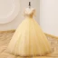 Elegant Yellow Prom Dresses 2022 Ball Gown Square Neckline Pearl Sequins Short Sleeve Backless Floor-Length / Long Prom Formal Dresses