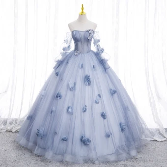 Chic Beautiful Sky Blue Appliques Prom Dresses 2022 Ball Gown Strapless Long Sleeve Backless Floor Length Long Prom Formal Dresses