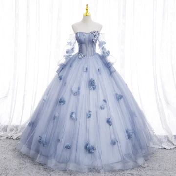 Chic Beautiful Sky Blue Appliques Prom Dresses 2022 Ball Gown Strapless Long Sleeve Backless Floor Length Long Prom Formal Dresses