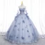 Chic / Beautiful Sky Blue Appliques Prom Dresses 2022 Ball Gown Strapless Long Sleeve Backless Floor-Length / Long Prom Formal Dresses