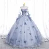 Chic / Beautiful Sky Blue Appliques Prom Dresses 2022 Ball Gown Strapless Long Sleeve Backless Floor-Length / Long Prom Formal Dresses