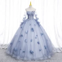 Hermoso Azul Cielo Apliques Vestidos de gala 2022 Ball Gown Sin Tirantes Manga Larga Sin Espalda Largos Gala Vestidos Formales