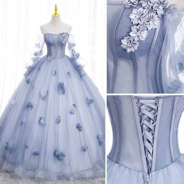 Chic / Beautiful Sky Blue Appliques Prom Dresses 2022 Ball Gown Strapless Long Sleeve Backless Floor-Length / Long Prom Formal Dresses