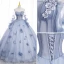 Chic / Beautiful Sky Blue Appliques Prom Dresses 2022 Ball Gown Strapless Long Sleeve Backless Floor-Length / Long Prom Formal Dresses