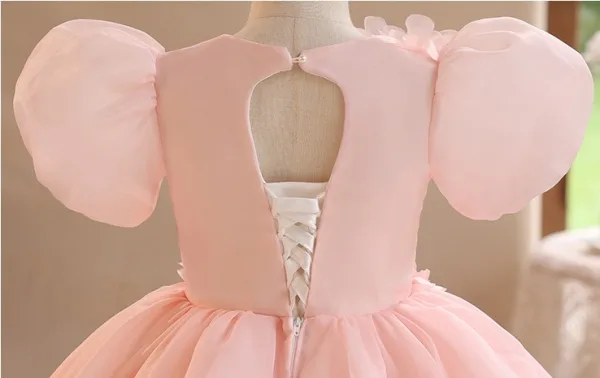 Elegant Blushing Pink Appliques Birthday Flower Girl Dresses 2024 Ball Gown Scoop Neck Puffy Short Sleeve Backless Floor-Length / Long Flower Girl Dresses