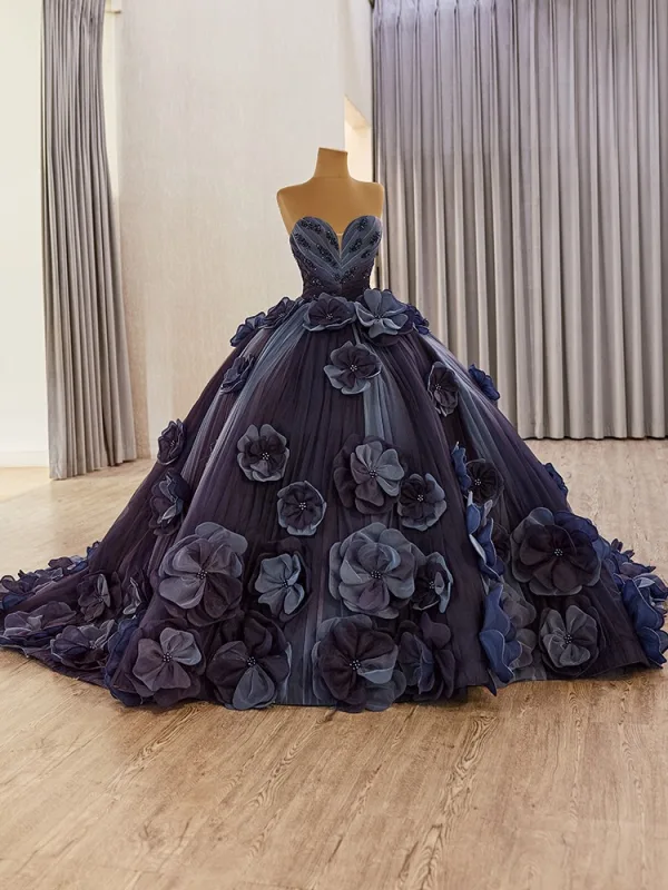 Luxury / Gorgeous High-end Navy Blue Beading Pearl Sequins Appliques Prom Dresses 2025 Ball Gown Sleeveless Backless Strapless Chapel Train Prom