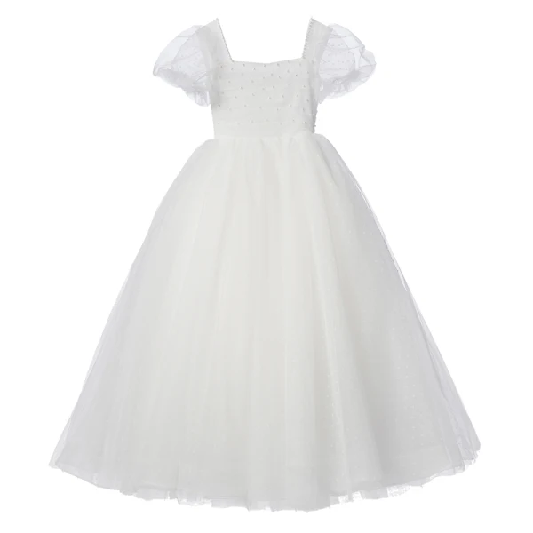 Chic / Beautiful White Pearl Wedding Flower Girl Dresses 2022 Ball Gown Square Neckline Puffy Short Sleeve Backless Floor-Length / Long Flower Girl Dresses
