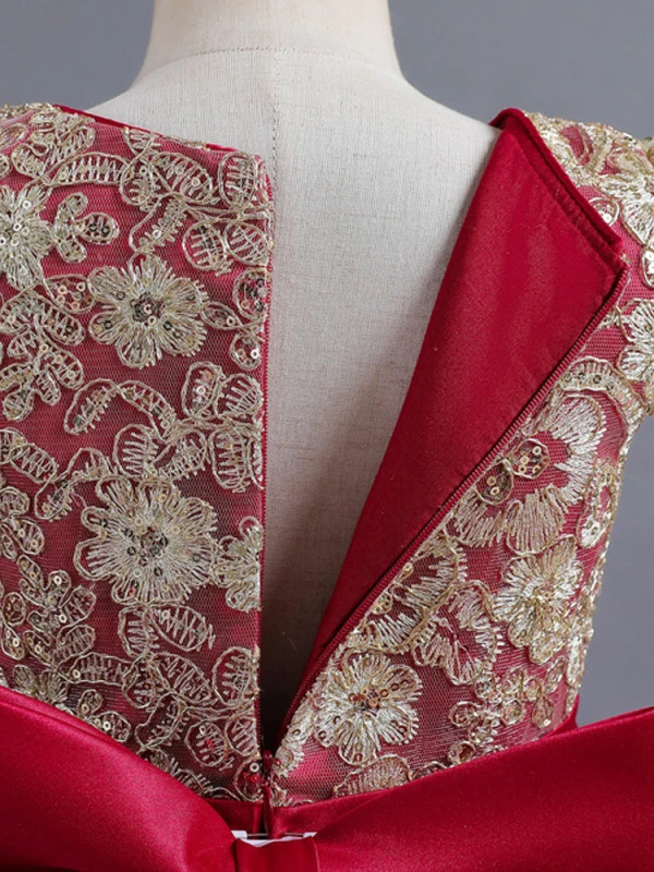 Chic / Belle Bordeaux Paillettes En Dentelle Fleur Anniversaire Robe Ceremonie Fille 2024 Robe Boule Encolure Dégagée Mancherons Noeud Ceinture Longue