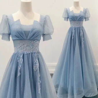 Élégant Bleu Ciel Perlage En Dentelle Fleur Robe De Bal 2023 Princesse Encolure Carrée Manches Courtes Dos Nu Longue Promo Robe De Ceremonie