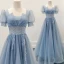 Elegant Sky Blue Beading Lace Flower Prom Dresses 2023 A-Line / Princess Square Neckline Short Sleeve Backless Floor-Length / Long Prom Formal Dresses