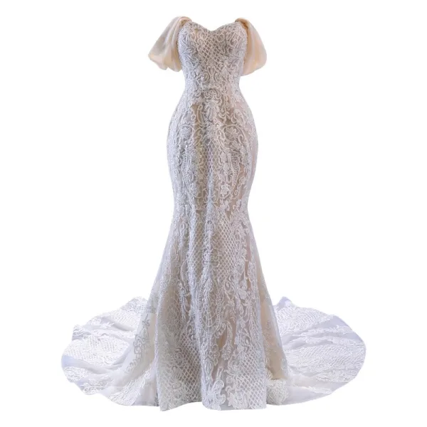 Luxury / Gorgeous White Handmade  Beading Lace Flower Wedding Dresses 2023 Trumpet / Mermaid Strapless Sleeveless Backless Court Train Wedding