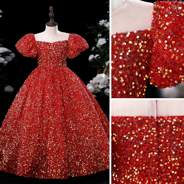 Scintillantes Rouge Paillettes Soirée Robe Ceremonie Fille 2022 Robe Boule Encolure Dégagée Gonflée Manches Courtes Longue Robe Ceremonie Fille