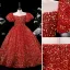 Scintillantes Rouge Paillettes Soirée Robe Ceremonie Fille 2022 Robe Boule Encolure Dégagée Gonflée Manches Courtes Longue Robe Ceremonie Fille
