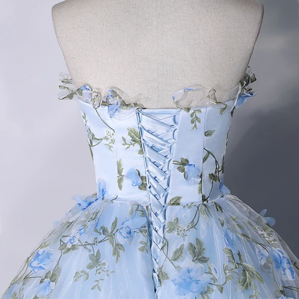 Flower Fairy Sky Blue Appliques Prom Dresses 2023 Ball Gown Strapless Sleeveless Backless Floor-Length / Long Prom Formal Dresses