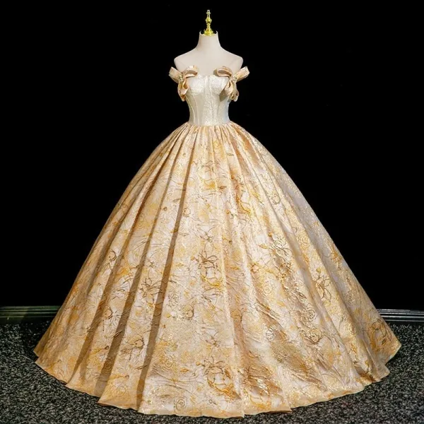 Elegant Gold Printing Prom Dresses 2025 A-Line / Princess Off-The-Shoulder Short Sleeve Backless Floor-Length / Long Formal Dresses