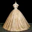 Elegant Gold Printing Prom Dresses 2025 A-Line / Princess Off-The-Shoulder Short Sleeve Backless Floor-Length / Long Formal Dresses
