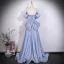 Charmant Bling Bling Bleu Ciel Perlage Faux Diamant Robe De Bal 2026 Princesse De l'épaule Manches Courtes Dos Nu Noeud Train De Balayage Robe De Ceremonie