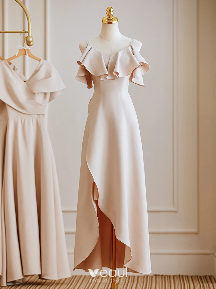 Modest Simple Khaki Bridesmaid Dresses 2023 A-Line Princess V-Neck Short Sleeve Backless