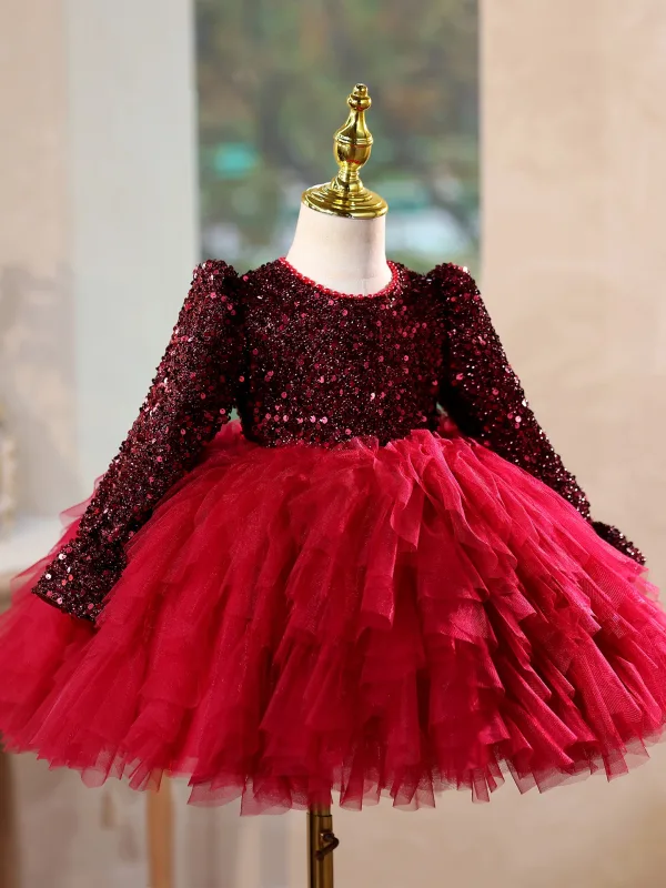 Charming Burgundy Sequins Pleated Short Birthday Flower Girl Dresses 2025 Ball Gown Scoop Neck Long Sleeve