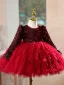 Charming Burgundy Sequins Pleated Short Birthday Flower Girl Dresses 2025 Ball Gown Scoop Neck Long Sleeve