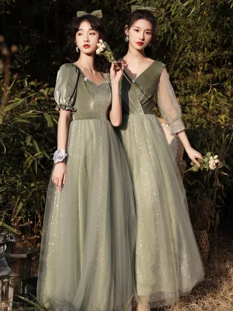 Chic Beautiful Sage Green Velour Bridesmaid Dresses 2022 A Line Princess Sequins Suede Short Sleeve Backless Floor Length Long Bridesmaid Wedding Party Dresses