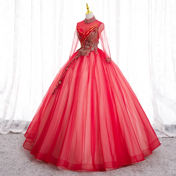 Élégant Rouge Perle Paillettes En Dentelle Fleur Robe De Bal 2022 Robe Boule Col Haut Manches Longues Dos Nu Longue Promo Robe De Ceremonie