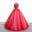 Élégant Rouge Perle Paillettes En Dentelle Fleur Robe De Bal 2022 Robe Boule Col Haut Manches Longues Dos Nu Longue Promo Robe De Ceremonie