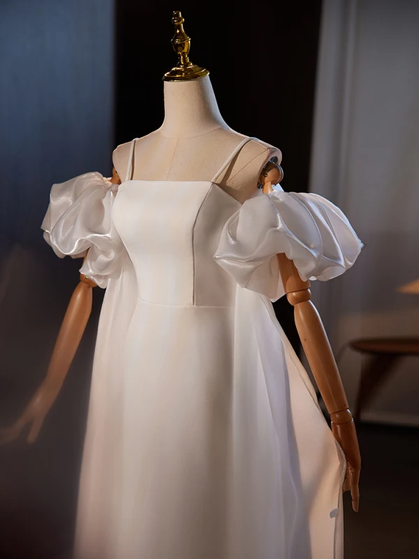 Schöne Beige Leichtes Brautkleider / Hochzeitskleider 2024 Meerjungfrau Spaghettiträger Geschwollenes Kurze Ärmel Rückenfreies Lange Hochzeit