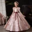 Lovely Blushing Pink Flower Girl Dresses Glitter 2024 Ball Gown Square Neckline Short Sleeve Bow Sash Floor-Length / Long