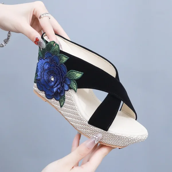 Chic / Belle Beige Plage Brodé Sandales Femme 2024 9 cm Compensées Peep Toes / Bout Ouvert Sandales