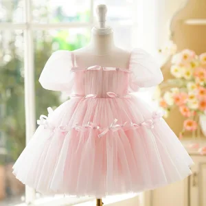 Chic Belle Rougissant Rose Noeud Courte Anniversaire Robe Ceremonie Fille 2024 Robe Boule Encolure Dégagée Gonflée Manches Courtes Dos Nu