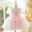 Chic / Beautiful Blushing Pink Bow Short Birthday Flower Girl Dresses 2024 Ball Gown Scoop Neck Puffy Short Sleeve Backless