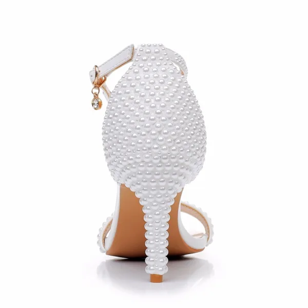 Sexy White Pearl Ankle Strap Wedding Shoes 2024 8 cm Stiletto Heels Open / Peep Toe Wedding Sandals High Heels