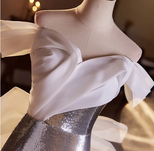 Glitzernden Silber Pailletten Ballkleider 2024 A Linie Off Shoulder Kurze Ärmel Rückenfreies Schleife Lange Ball Festliche Kleider