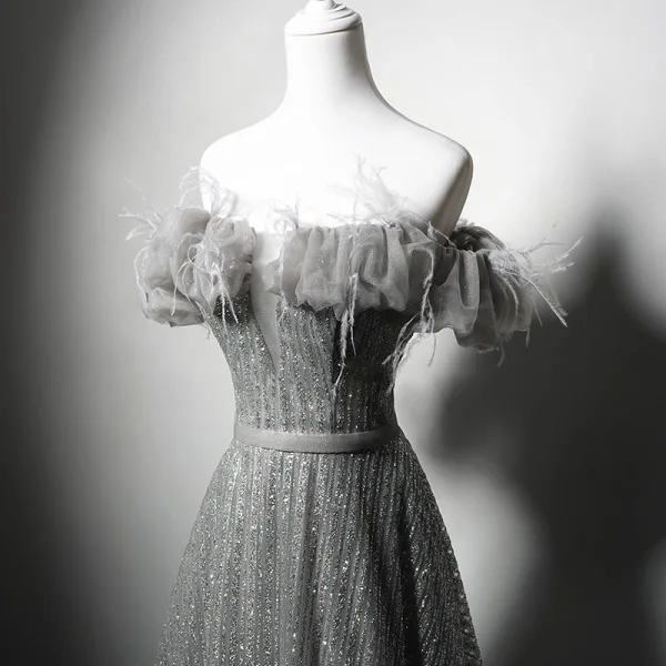 Bling Bling Grey Glitter Tassel Prom Dresses 2024 A-Line / Princess Ruffle Off-The-Shoulder Sleeveless Backless Floor-Length / Long Formal Dresses