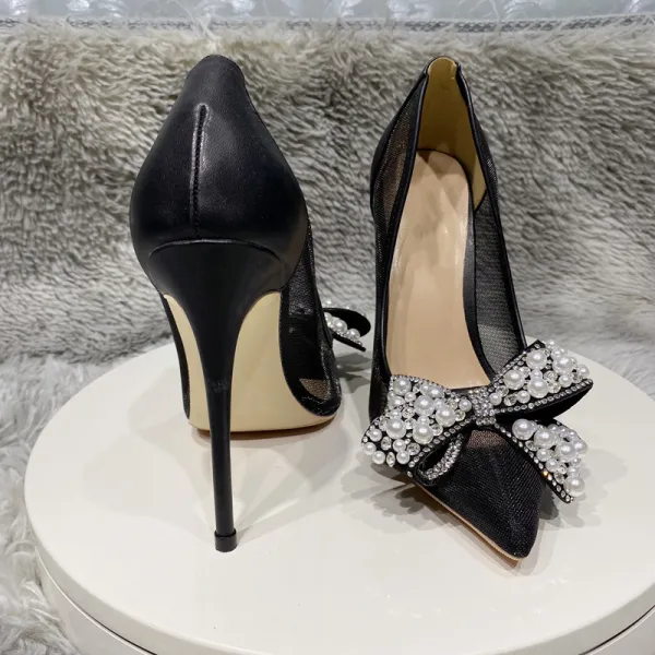 Charming Black Evening Party Rhinestone Pearl Bow Pumps 2022 12 cm Stiletto Heels Pointed Toe Pumps High Heels