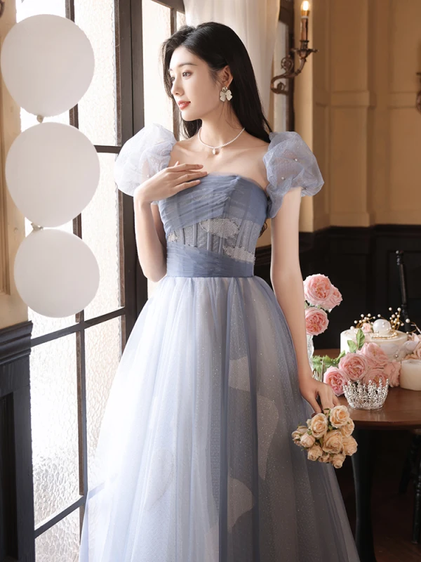 Chic / Beautiful Sky Blue Glitter Evening Dresses 2023 A-Line / Princess Off-The-Shoulder Pearl Short Sleeve Backless Floor-Length / Long Evening Party Formal Dresses