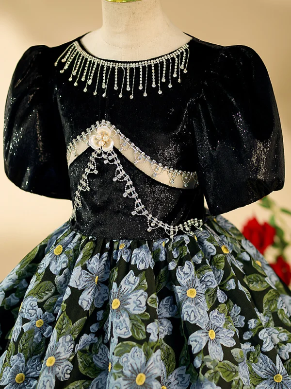 Vintage / Retro Black Rhinestone Floral Birthday Flower Girl Dresses 2024 Ball Gown Scoop Neck Short Sleeve Floor-Length / Long