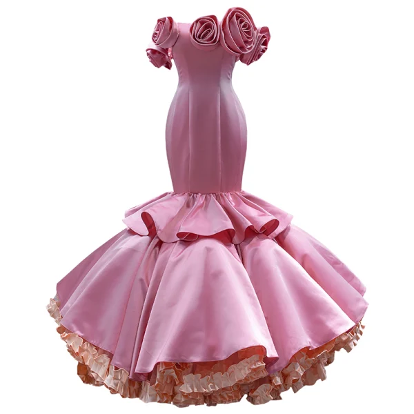 Unusual Candy Pink Cascading Ruffles Prom Dresses 2022 Trumpet / Mermaid Strapless Flower Sleeveless Backless Floor-Length / Long Prom Formal Dresses