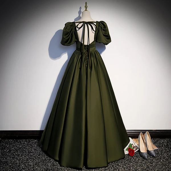 Vintage / Retro Satin Dark Green Prom Dresses 2022 A-Line / Princess Square Neckline Puffy Short Sleeve Backless Bow Sash Floor-Length / Long Formal Dresses